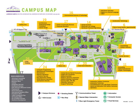 A map of the colleges campus with yellow boxes pointing towards different buildings describing which program is in what building.