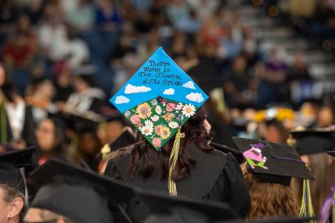 A picture of a graduation cap with the quote "there's water in the flowers lets grow."